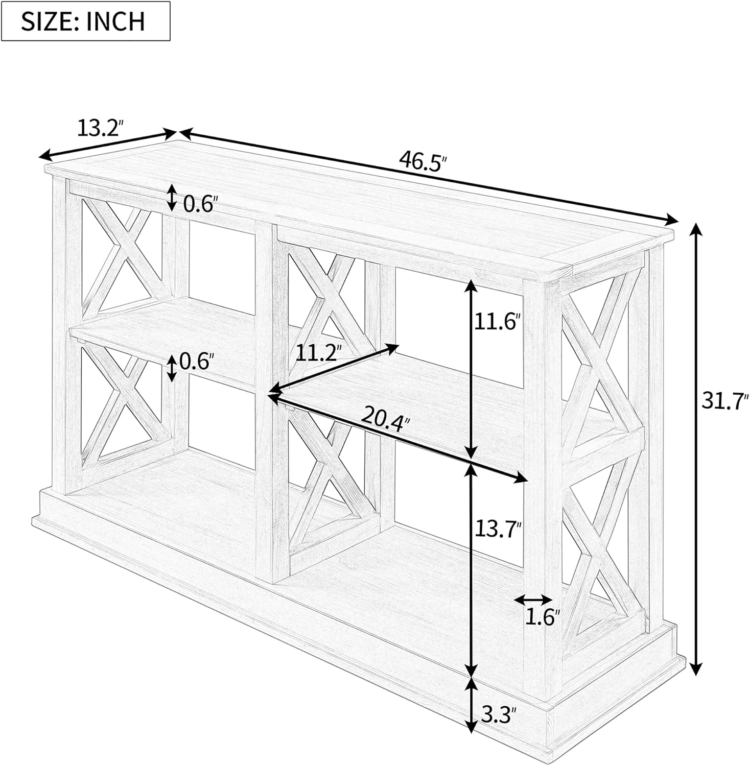 White Wash Console Table with 3-Tier Open Storage S3693