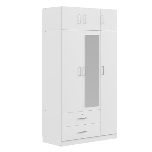 White 3 Doors Wooden Wardrobe with 2 Drawers and Top Cabinet N3080