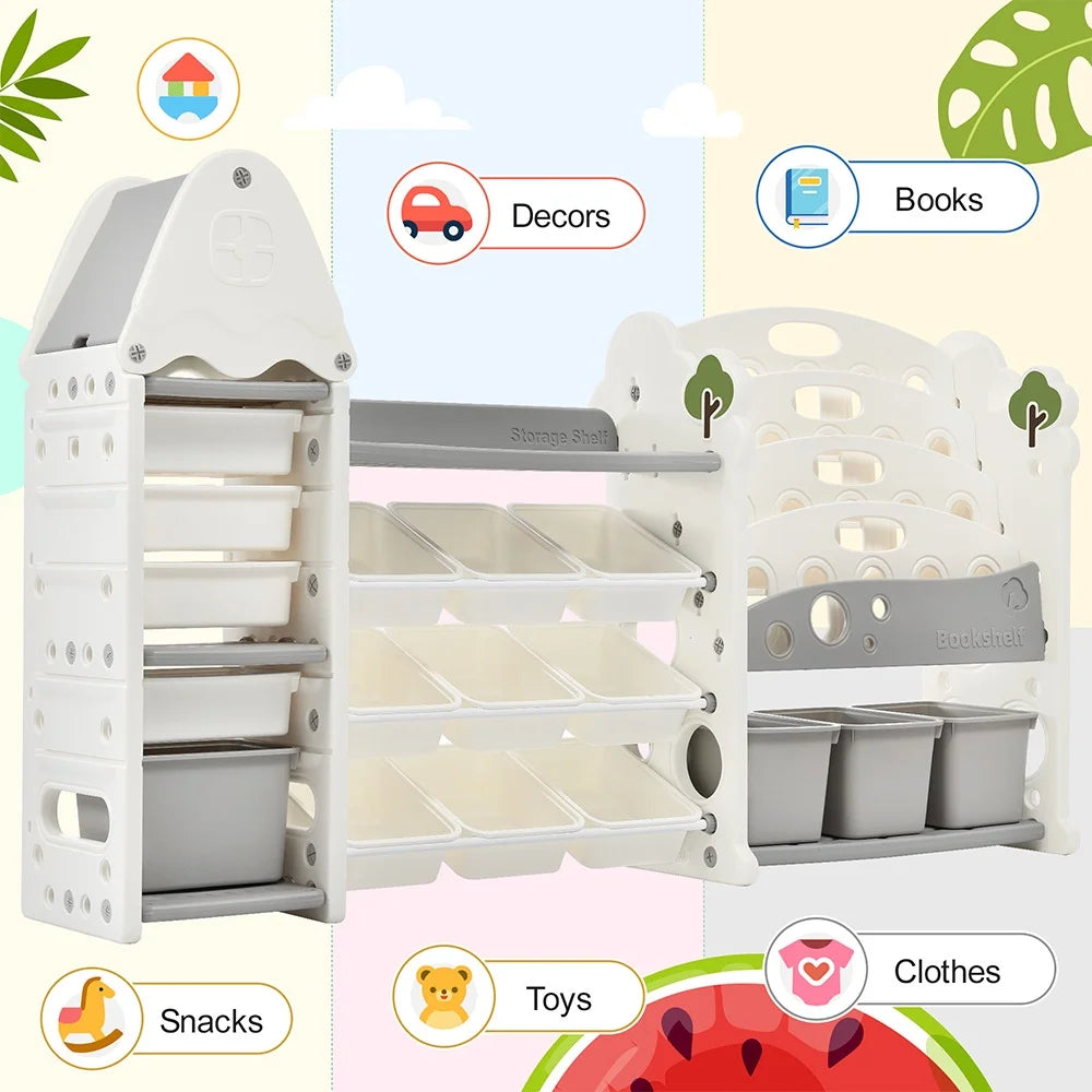 Grey Kids Bookshelf Toy Storage Organizer with 17 Bins and 4 Bookshelves U4858