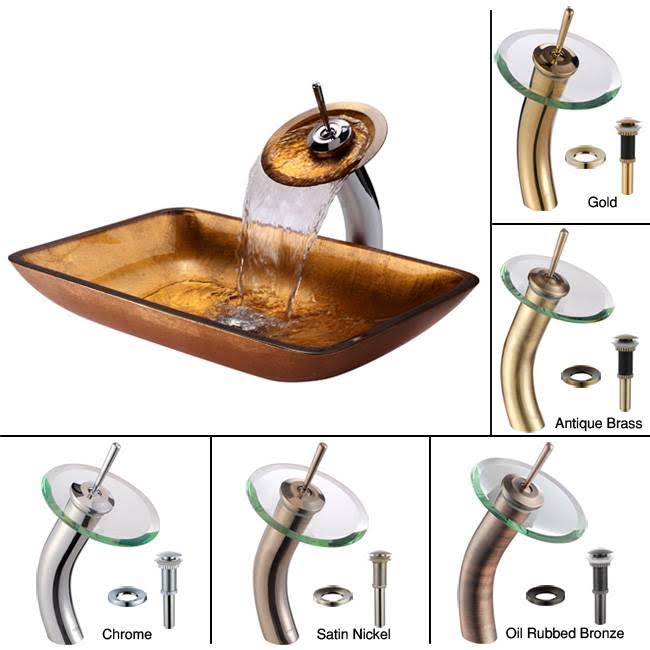Golden Pearl Rectangular Glass Vessel Sink and Waterfall Faucet J67653