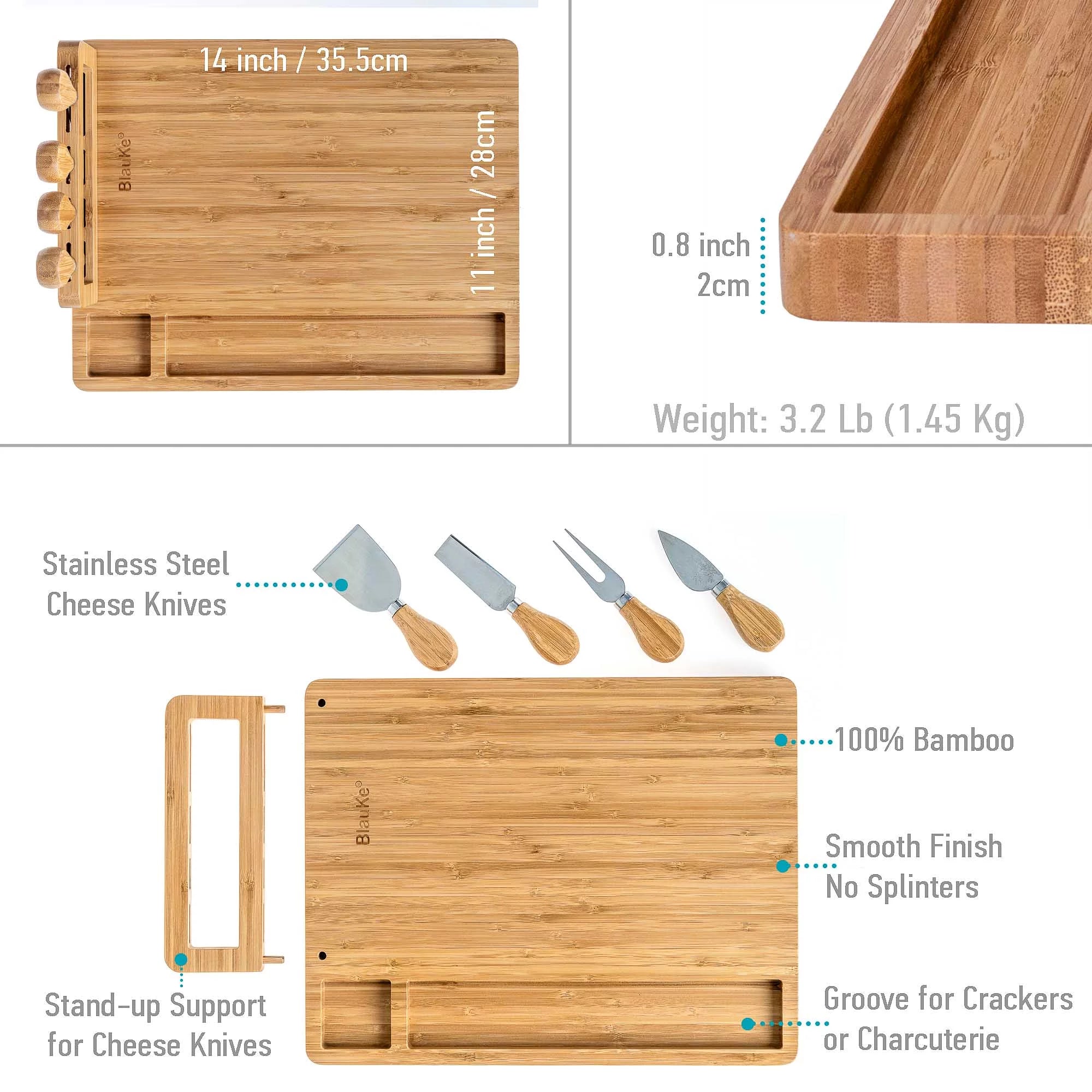Bamboo Cheese Board and Knife Set 14x11 inch with 4 Cheese Knives K2071