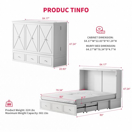 Grey Queen Murphy Bed with Foldable Mattress and Storage Drawer U6017
