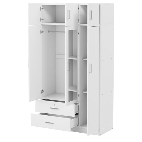 White 3 Doors Wooden Wardrobe with 2 Drawers and Top Cabinet N3080