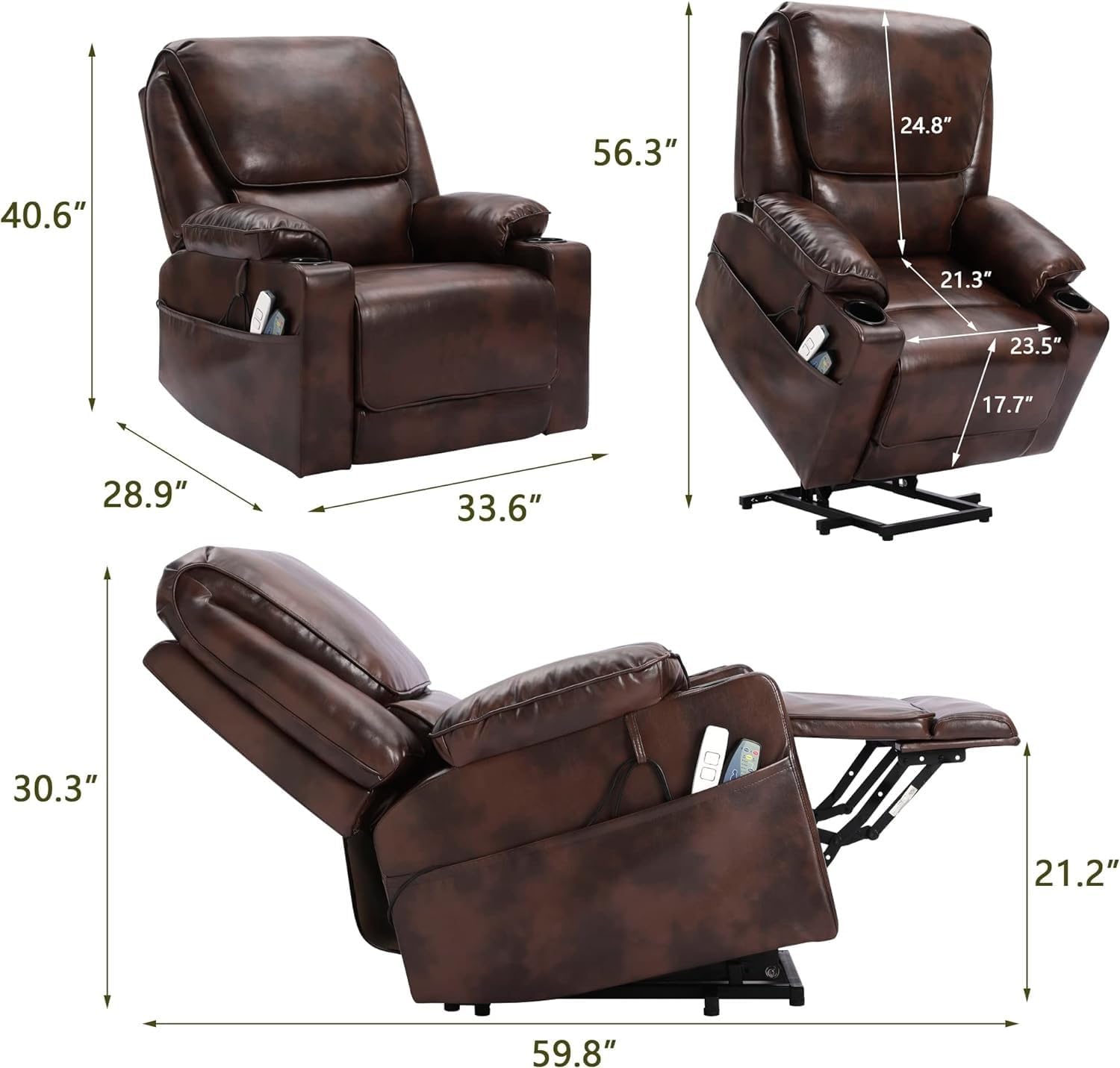 Brown Leather Power Lift Recliner Chair with Massage and Heated F21047