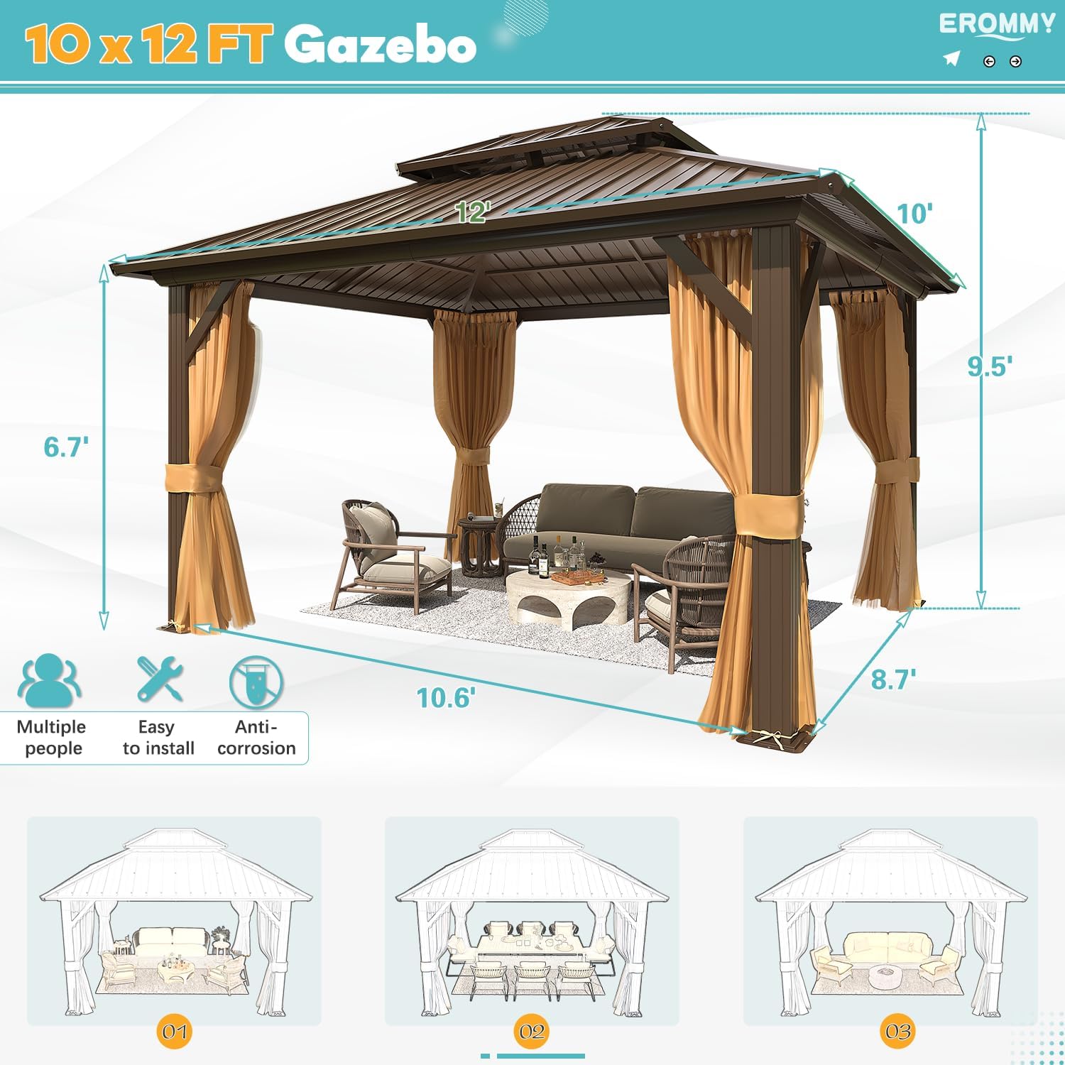 10'x12' Galvanized Steel Double Roof Metal Gazebo with Aluminum Frame U175
