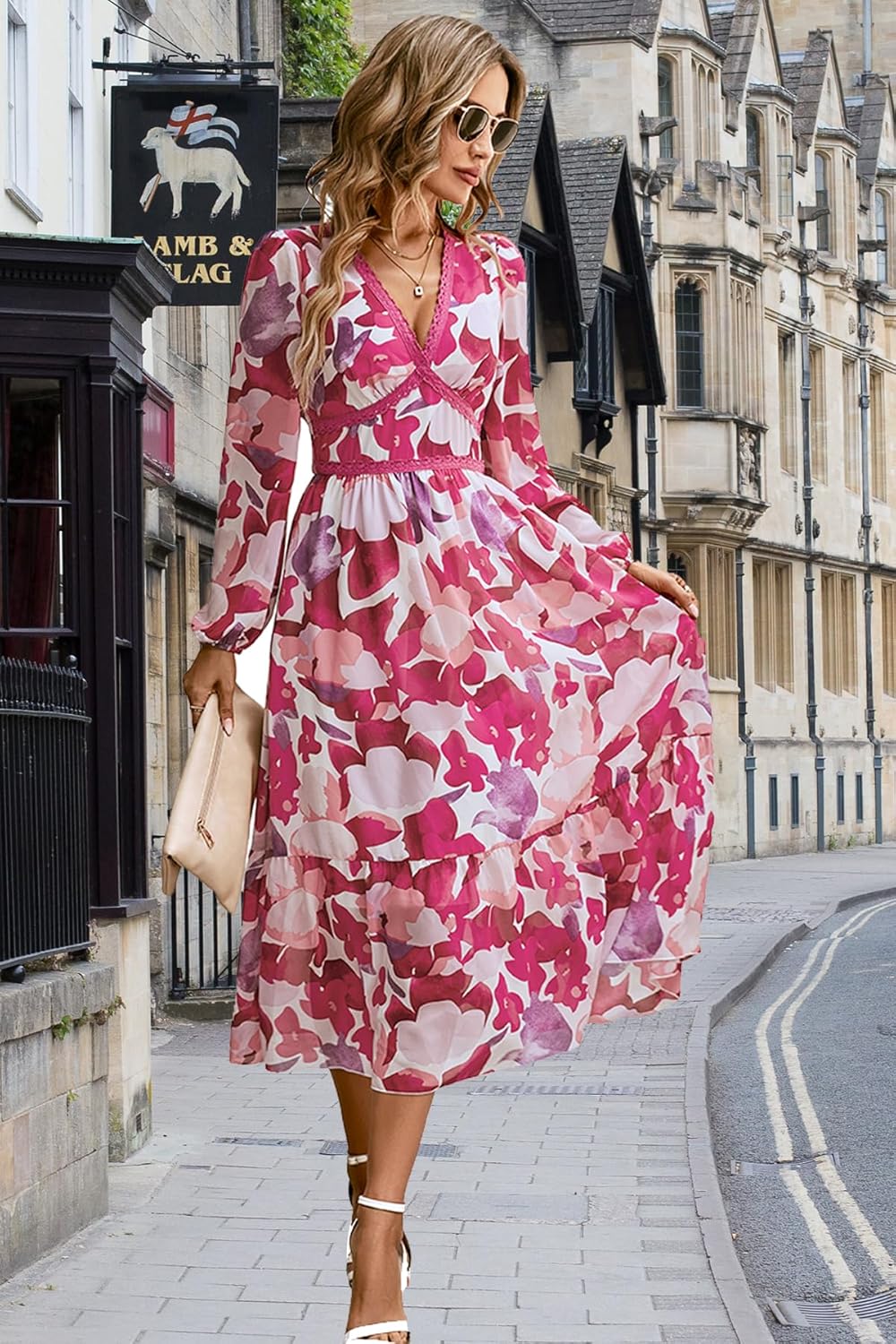 Rose V Neck Long Sleeve Wrap Maxi Dress Chiffon A871864