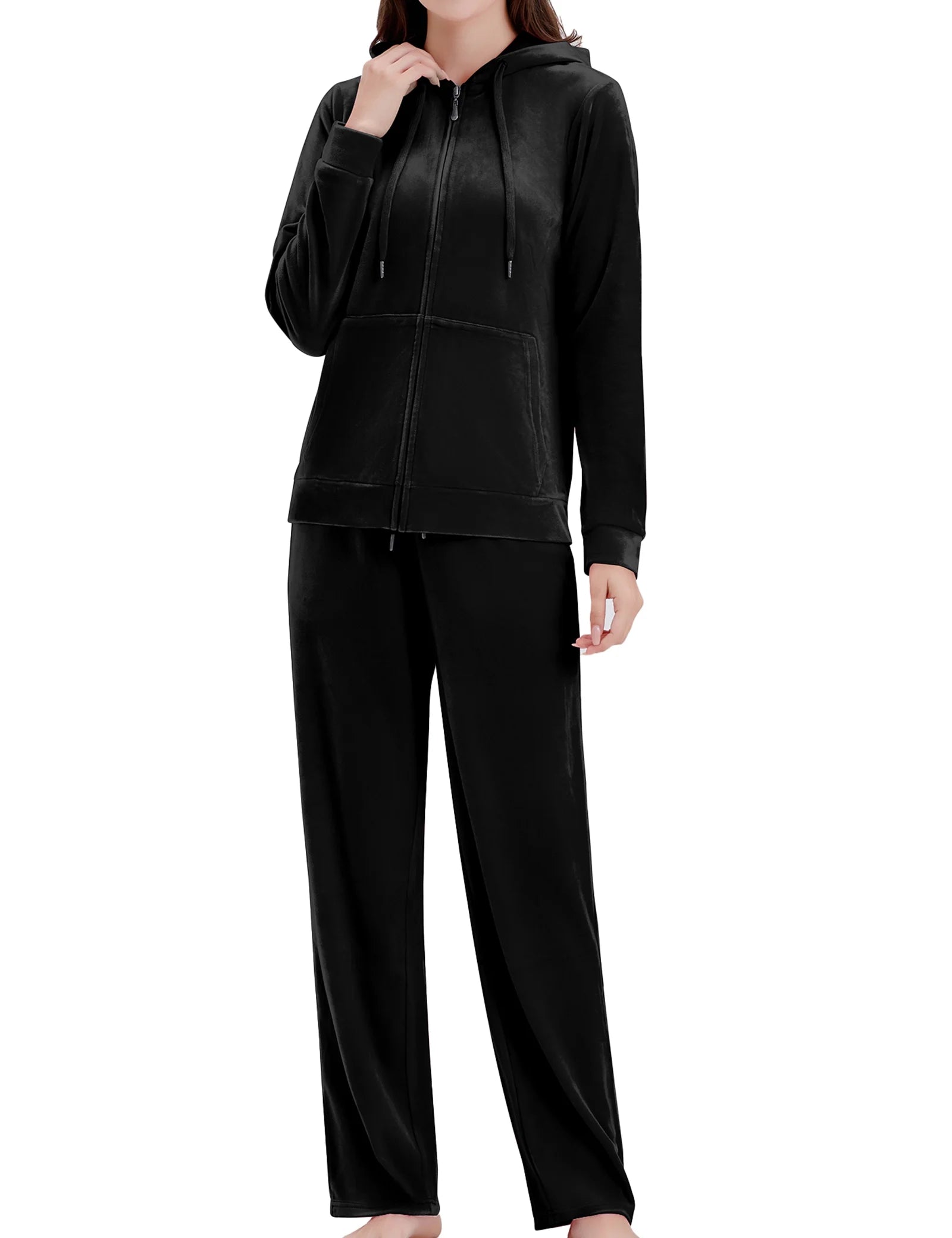 Black Velour 2 Piece Hoodie and Sweatpants Set F8710
