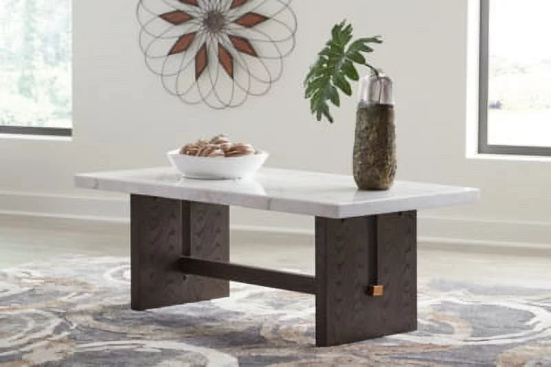 Traditional Rectangular Coffee Table with Marble Tabletop, Dark Brown & White P496176