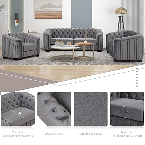 3 Piece Velvet Grey Sofa Set E552