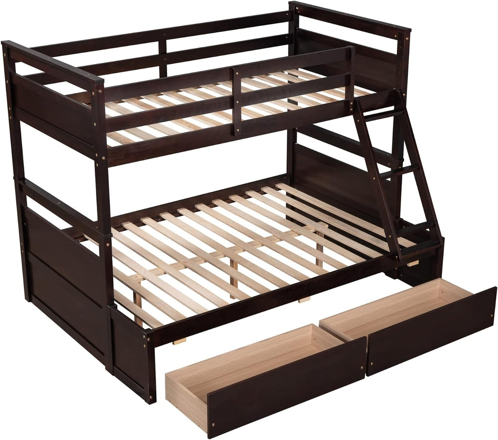 Over Full Wood Bunk Bed Frame With Two Drawer, Espresso I24205