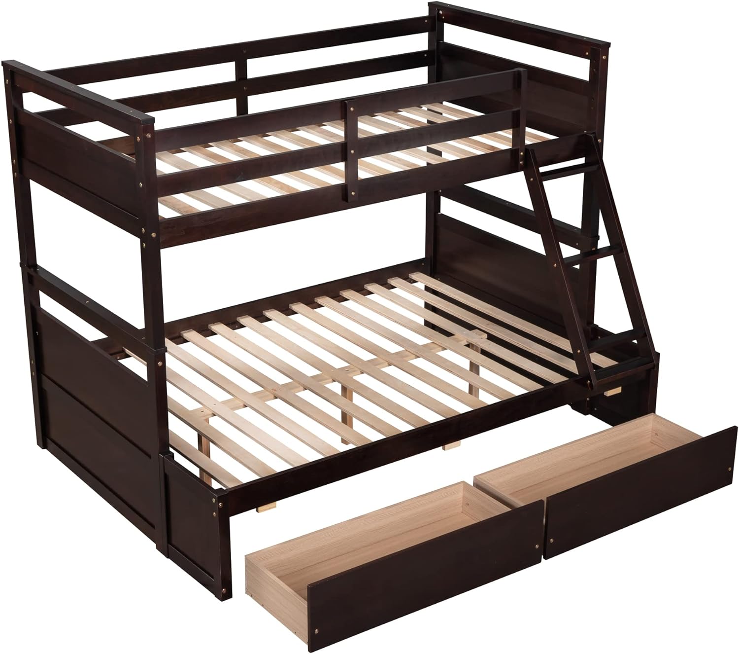 Over Full Wood Bunk Bed Frame With Two Drawer, Espresso I24205