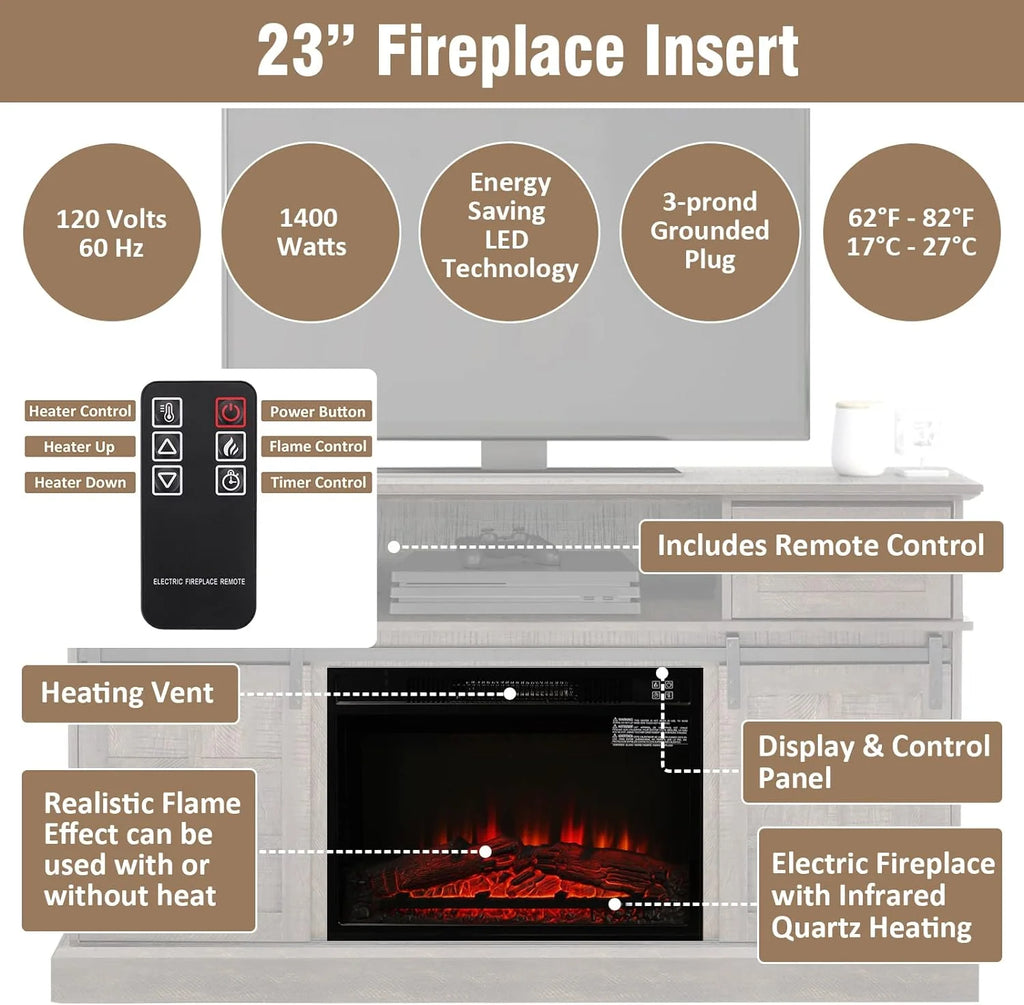 Gray Wash Farmhouse TV Stand with Electric Fireplace E7581