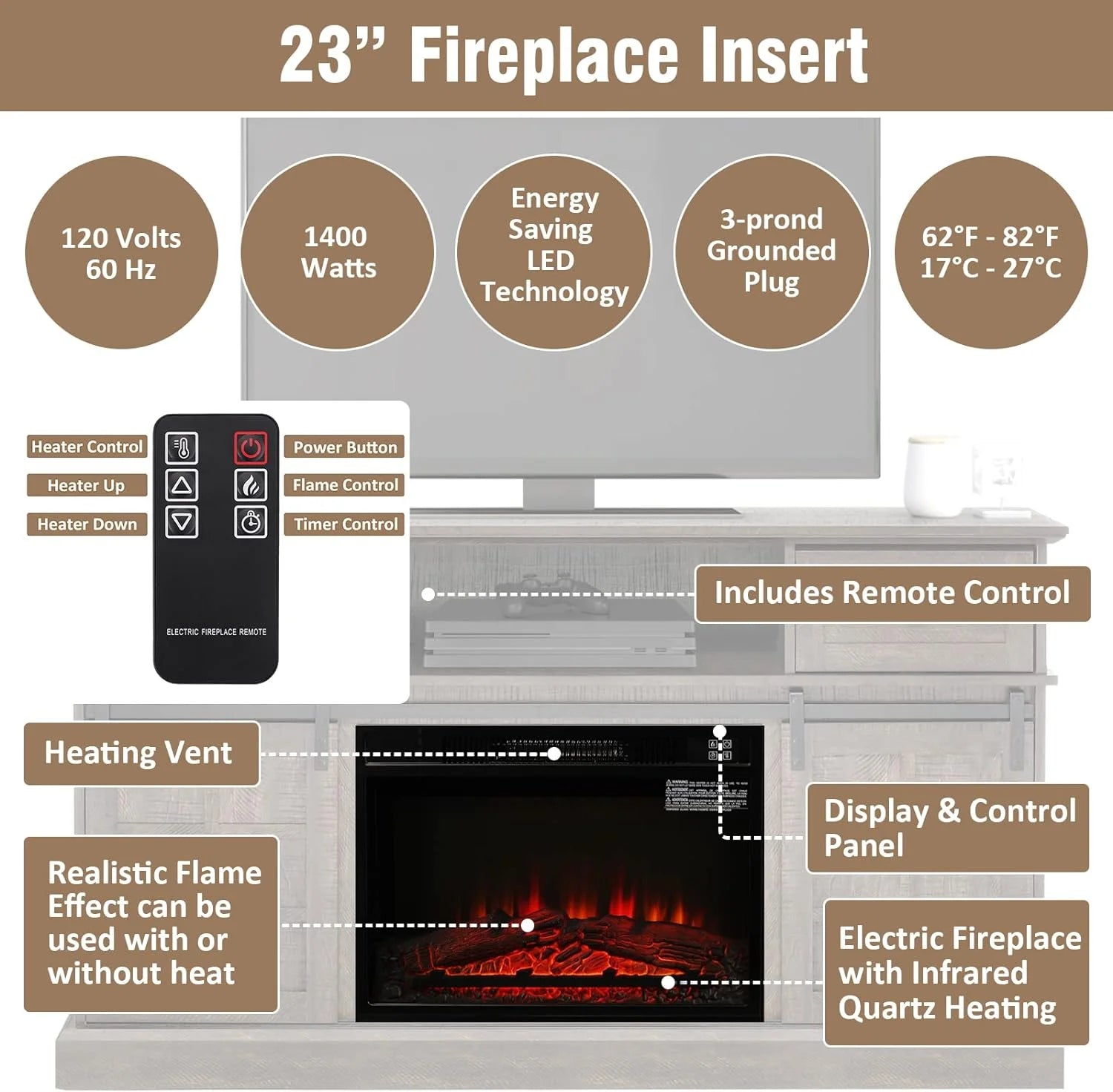Gray Wash Farmhouse TV Stand with Electric Fireplace E7581