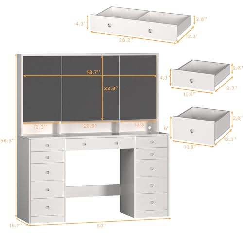 White 50" Vanity Desk with Mirror and Lights, Glass Top, 11 Drawers & 8 Hidden Storage Shelves, 3 LED Lighting Modes V24367