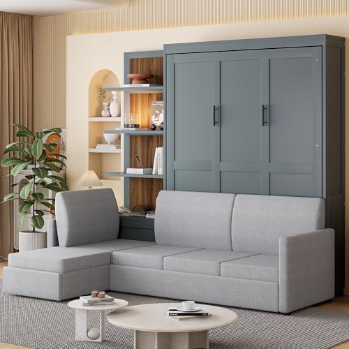 Queen Size Wood Murphy Bed with Sofa and Shelves, White K404134