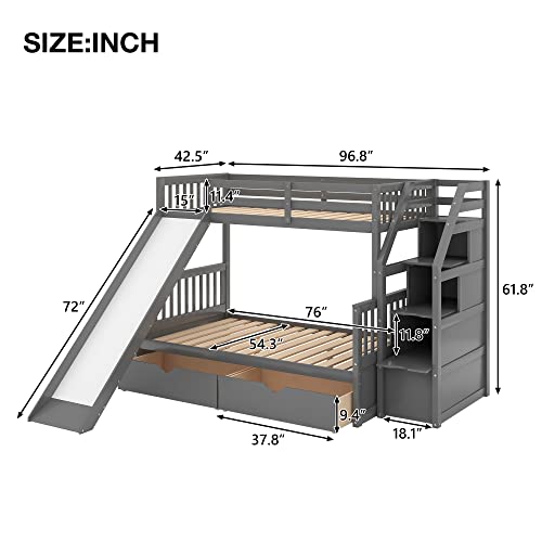 White Wood Twin Over Full Bunk Bed with Slides, Stairway, Drawers, and Safety Fence H661332