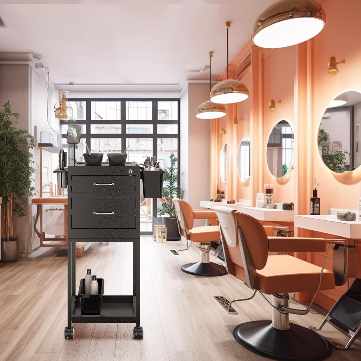 Lockable Metal Rolling Salon Cart with 2 Magnetic Bowls K7316