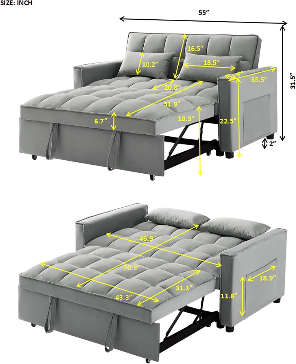 Grey 3 in 1 Convertible Sleeper Sofa Bed V7092
