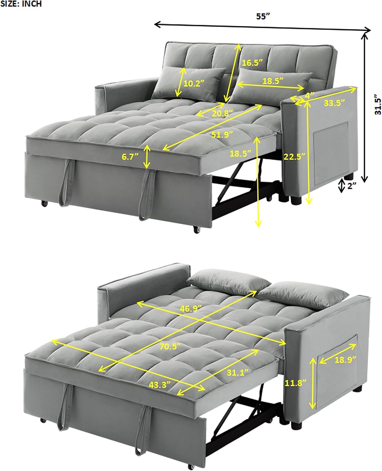 Grey 3 in 1 Convertible Sleeper Sofa Bed V7092