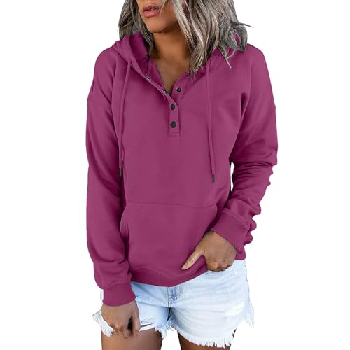 Long Sleeve Button V Neck Drawstring Pullover Hoodie N379