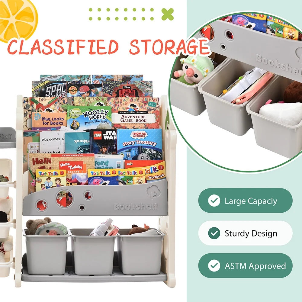 Grey Kids Bookshelf Toy Storage Organizer with 17 Bins and 4 Bookshelves U4858