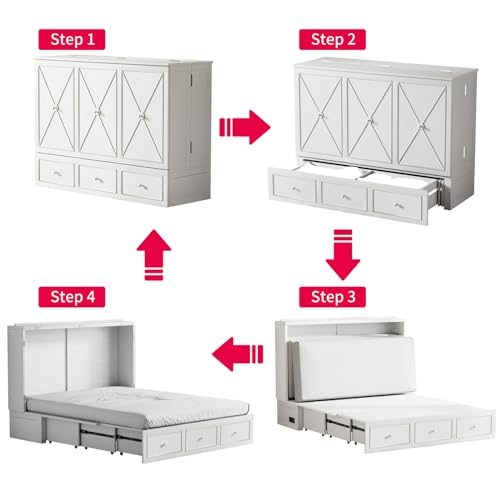 Grey Queen Murphy Bed with Foldable Mattress and Storage Drawer U6017