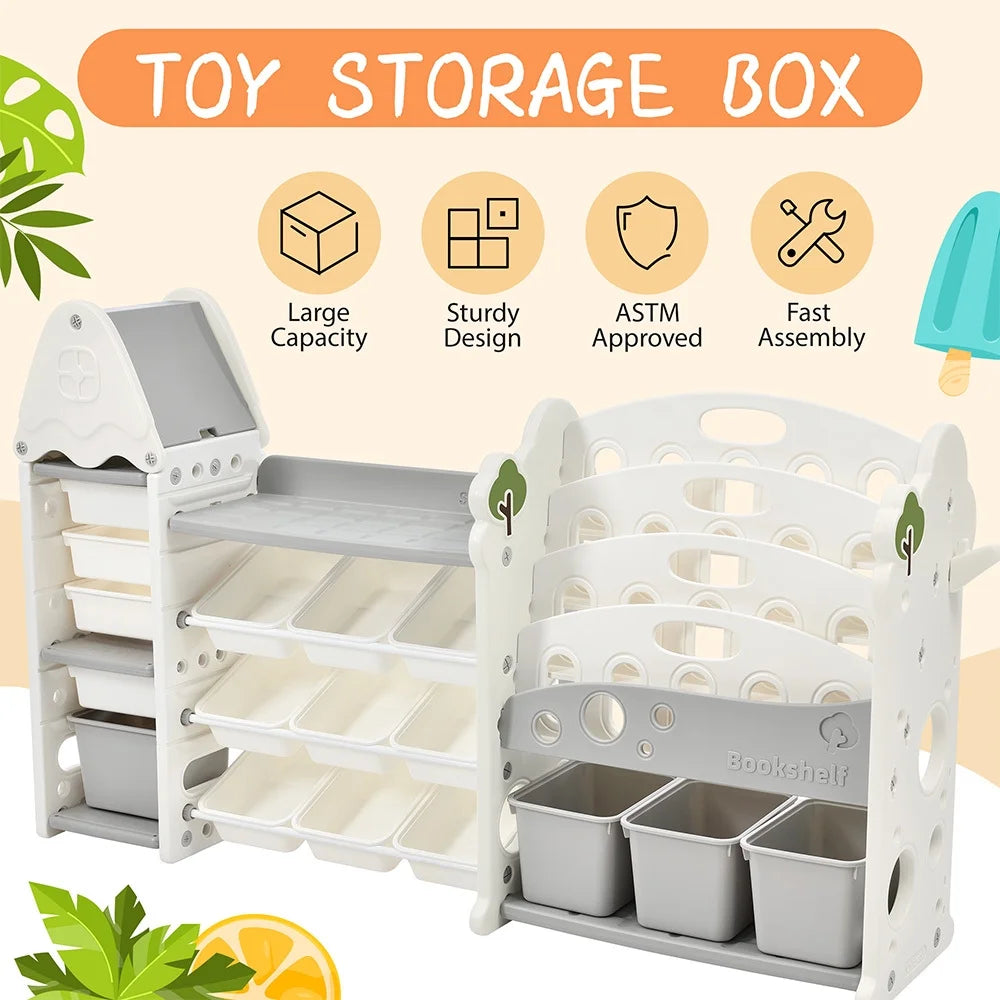 Grey Kids Bookshelf Toy Storage Organizer with 17 Bins and 4 Bookshelves U4858