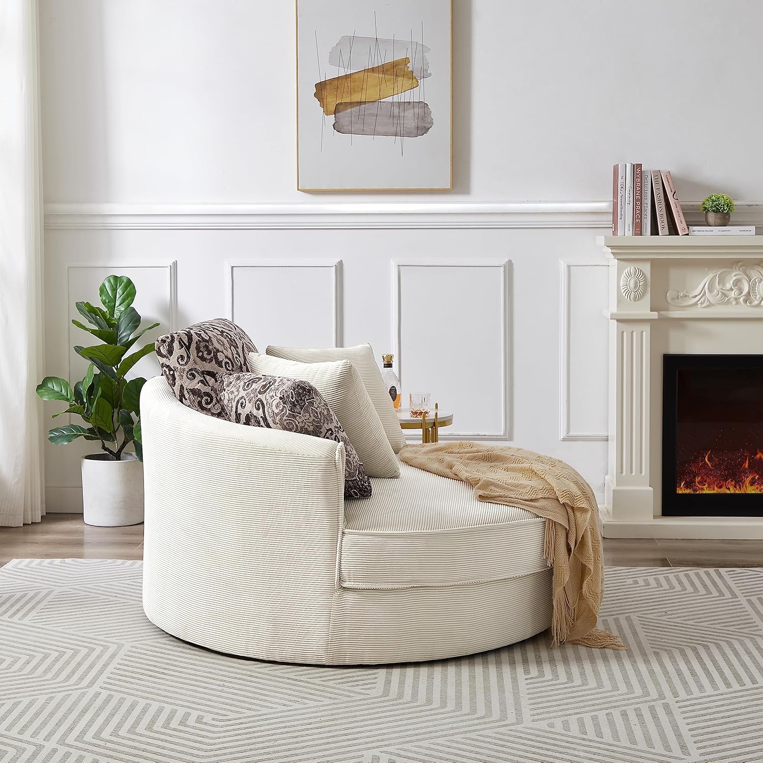 Oversized Corduroy Swivel Barrel Armchair with 5 Detachable Pillows J957