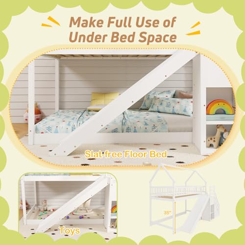 White Wood Bunk Bed Twin Over Twin with Slide & Stairs D9083