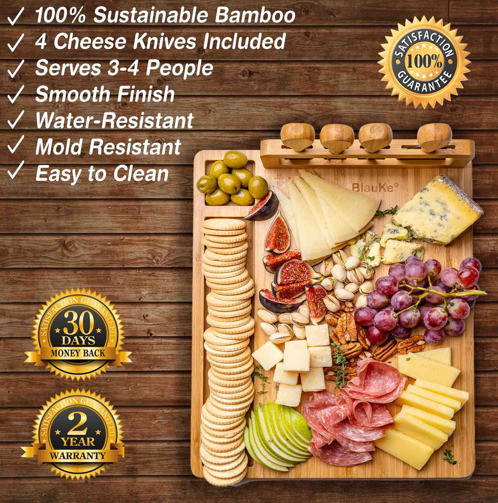 Bamboo Cheese Board and Knife Set 14x11 inch with 4 Cheese Knives K2071