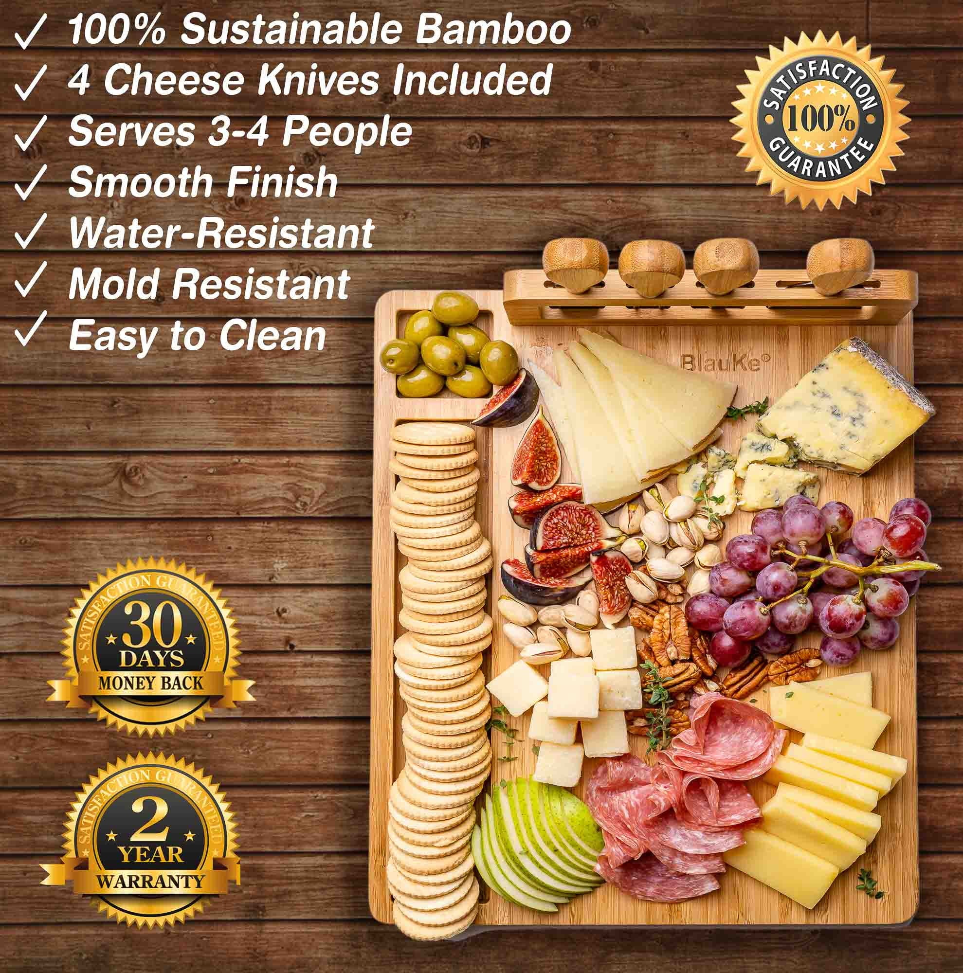 Bamboo Cheese Board and Knife Set 14x11 inch with 4 Cheese Knives K2071