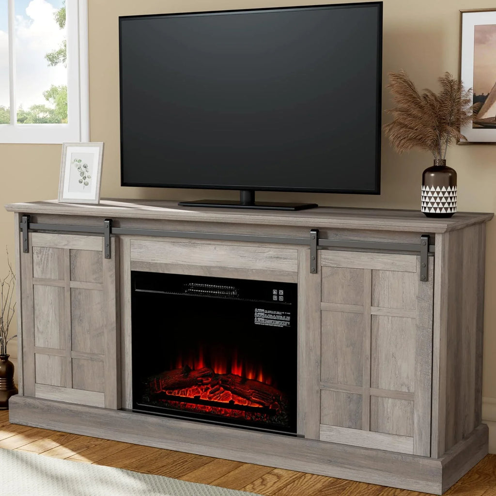 Gray Wash Farmhouse TV Stand with Electric Fireplace E7581