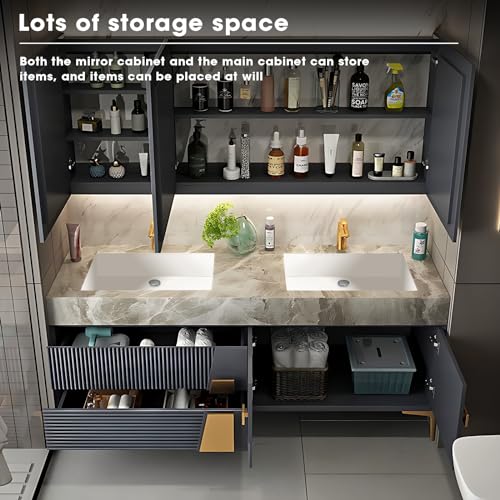 52IN Double Bathroom Vanity with Ceramic Basin Solid Wood Cabinet Door Drawer I529927