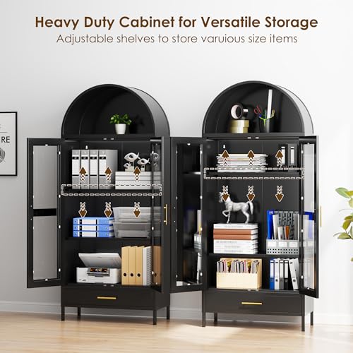 Black Metal Arched Storage Display Cabinet with Drawer and Glass Doors B89677