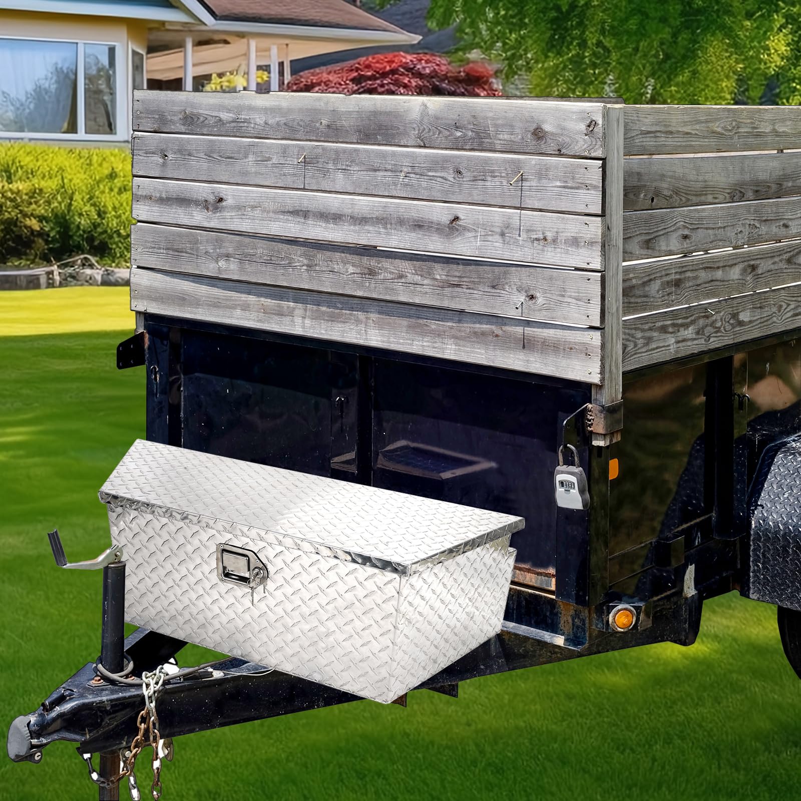 Heavy Duty Aluminum Diamond Plate Trailer Tongue Box with Lock and Keys, Silver, 39 x 16.5 x 12 Inches H6601