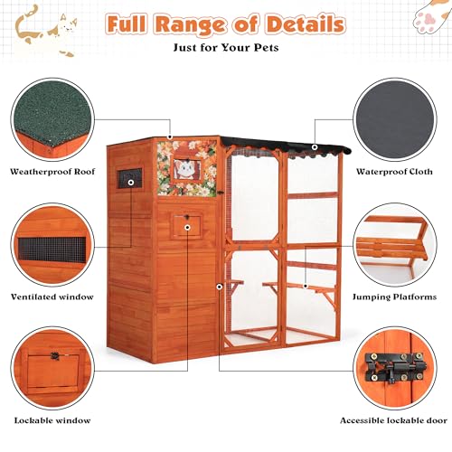 Large Wood Cat Catio with Weatherproof Roof, 2 Resting Rooms, 2 Platforms, 4-Tier Cat Playpen H4344