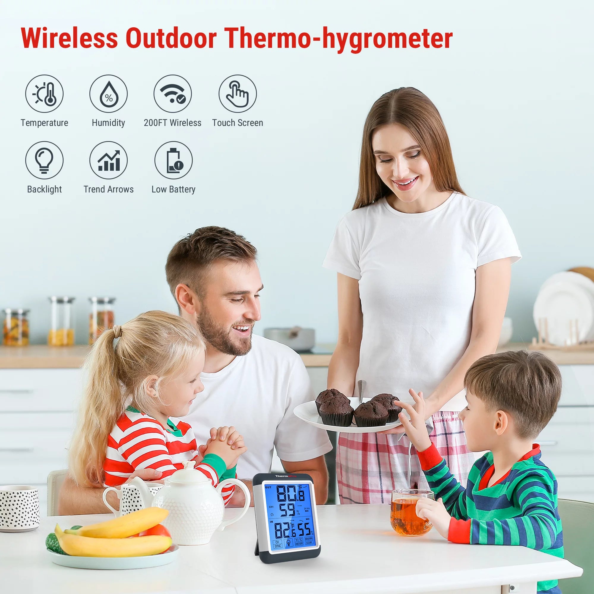 Indoor Outdoor Thermometer Digital Wireless Hygrometer Temperature Humidity Monitor with Jumbo Touchscreen and Backlight T291076