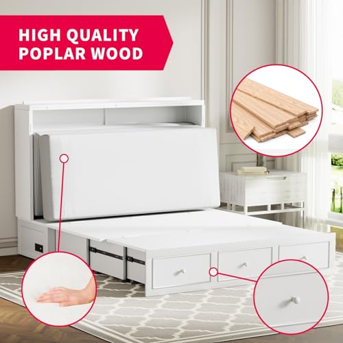 Grey Queen Murphy Bed with Foldable Mattress and Storage Drawer U6017