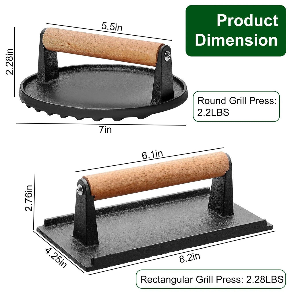 Cast Iron Steak Press with Wood Handle 2Pcs C23529