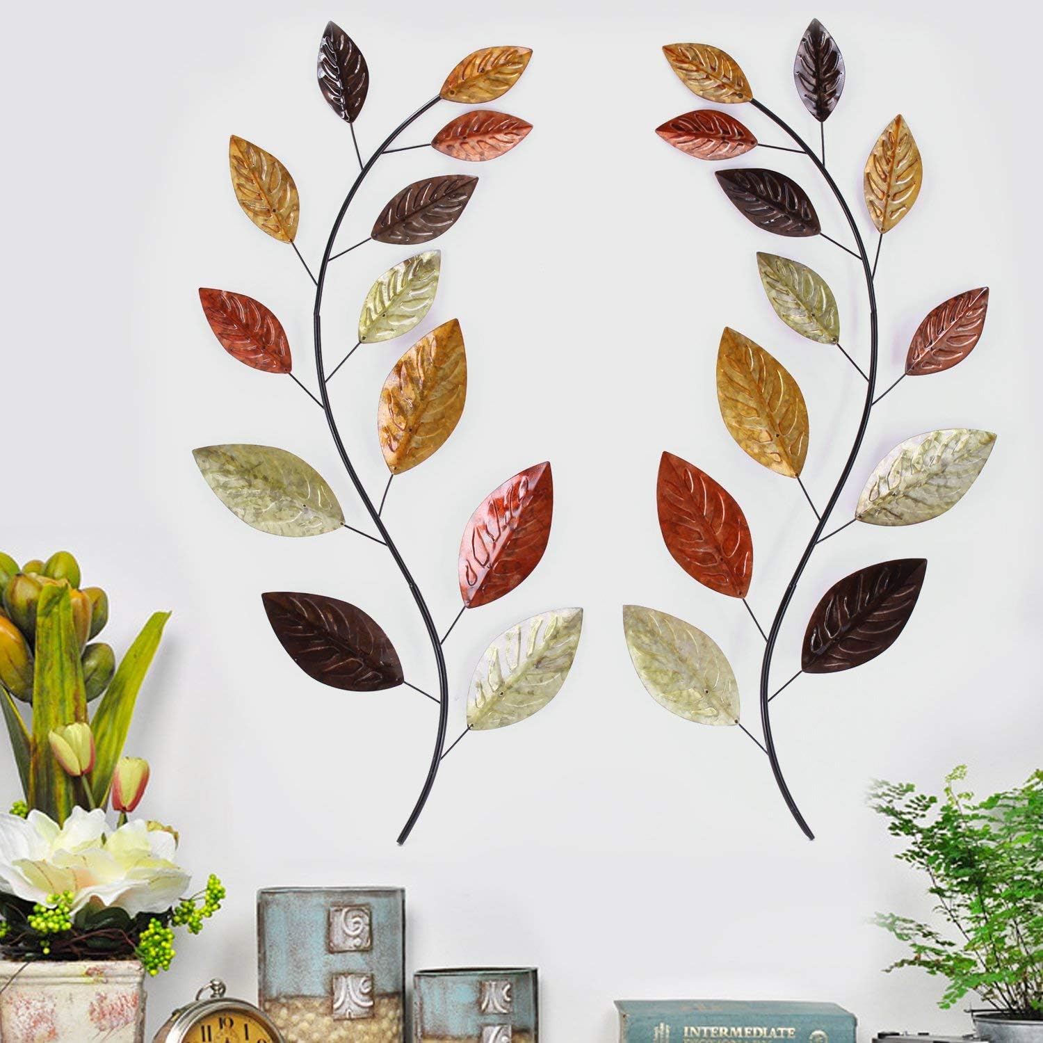 Set of 2 Metal Leaf Wall Hanging Art Decor, 38 Inch Iron Olive Branch Home Sculptures A251812