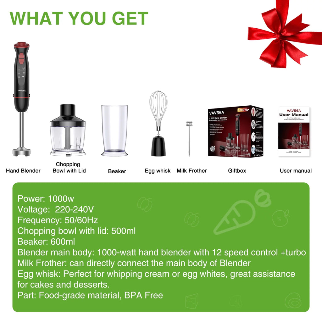 12-Speed Stainless Steel Hand Blender with Chopper, Beaker, 600ml, Whisk and Milk Frother V496