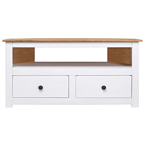 Pine Wood Corner TV Cabinet with 2 Storage Drawers and 1 Open Compartment, 36.6 x 19.3 x 19.3 Inches K7101