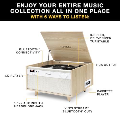 6-in-1 Turntable with CD & Cassette Player, Bluetooth, Walnut W521323