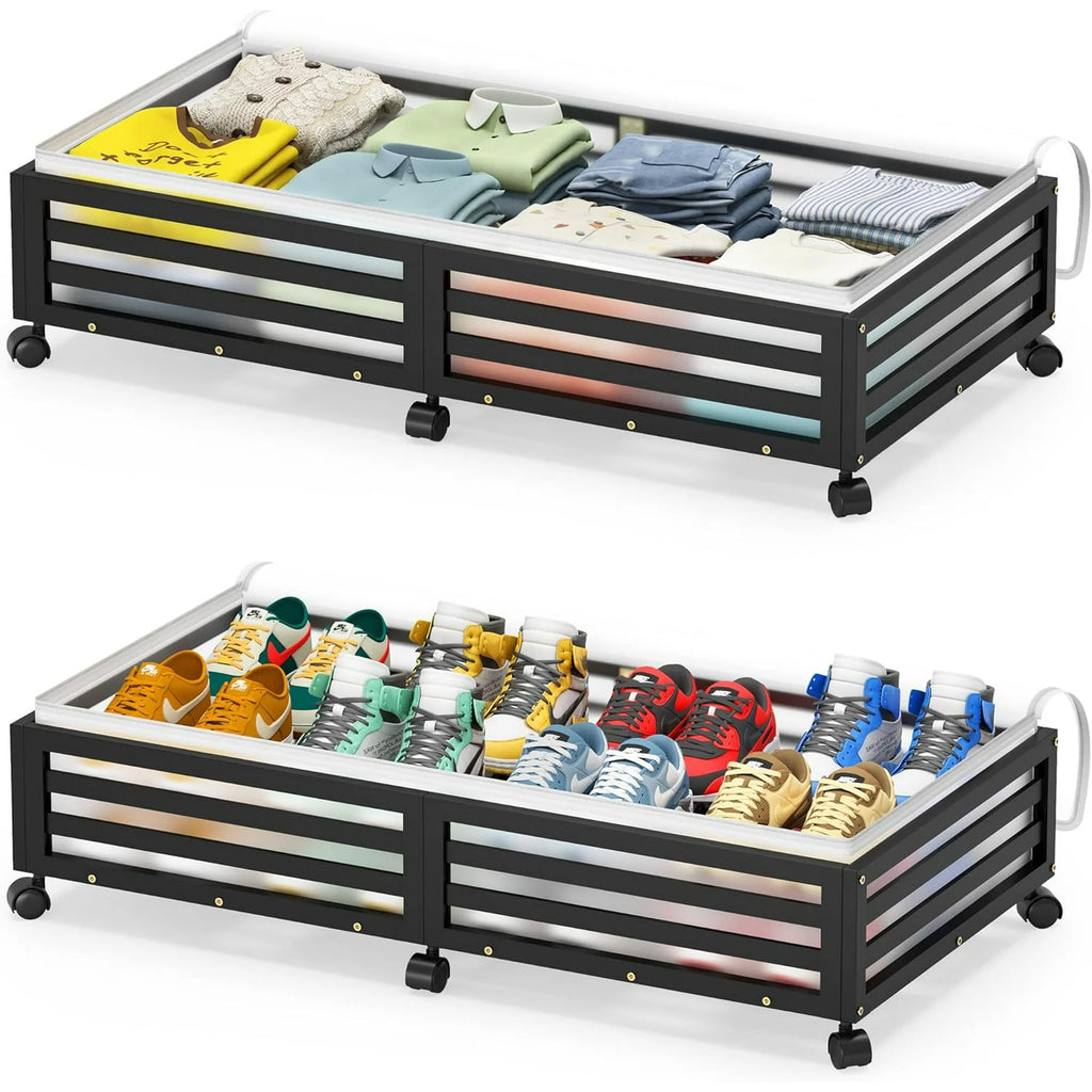 2 Pcs Bamboo Wood Rolling Underbed Storage Bins with Wheels M361