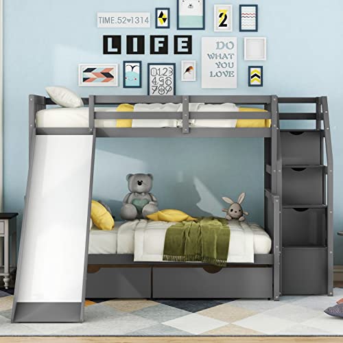 White Wood Twin Over Full Bunk Bed with Slides, Stairway, Drawers, and Safety Fence H661332