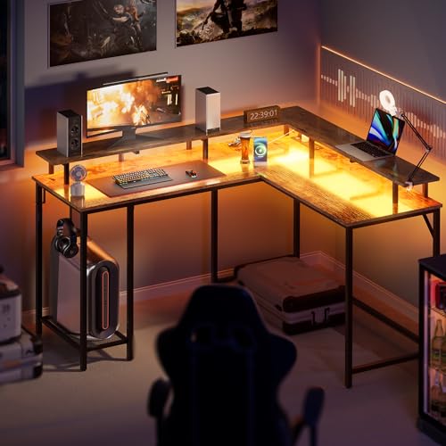 Grey L Shaped Gaming Desk with Power Outlets and LED Lighting H3960