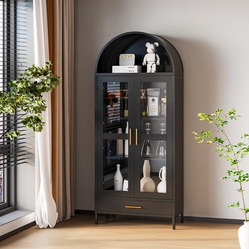 Black Metal Arched Storage Display Cabinet with Drawer and Glass Doors B89677