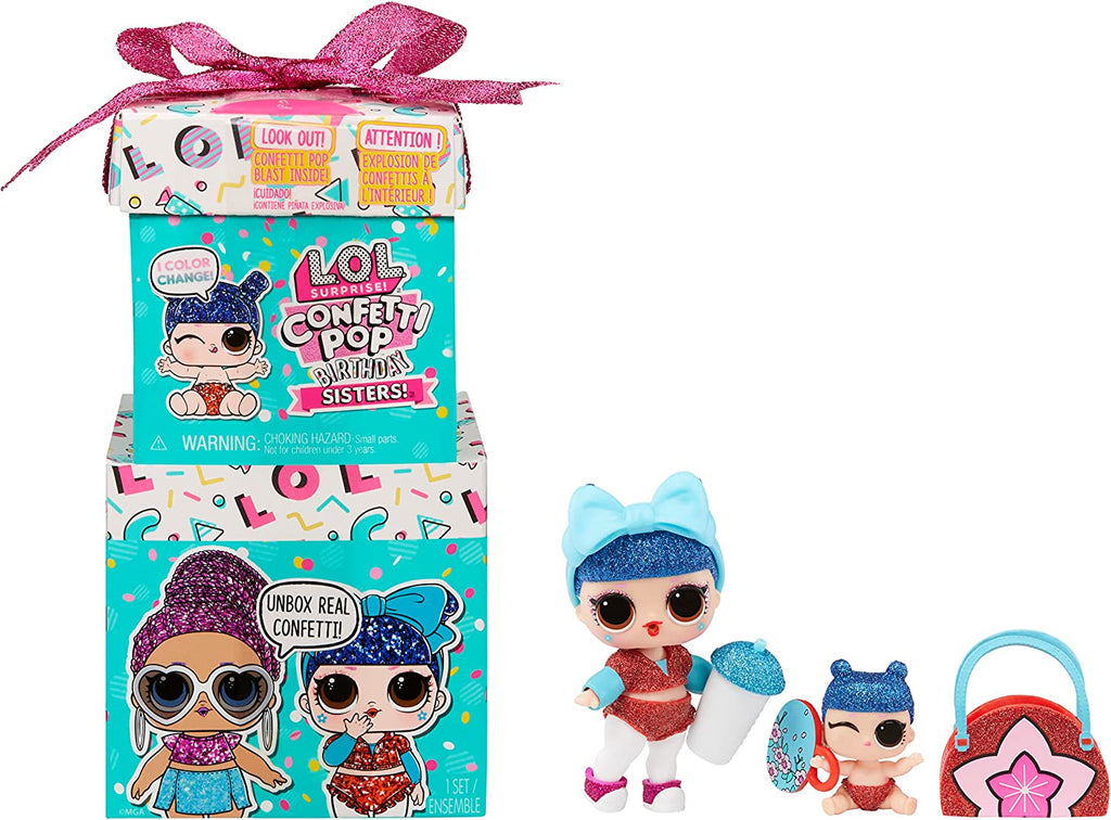 LOL Surprise! Confetti Pop Birthday Sisters doll with Lil Sister, 10 surprises, accessories, limited edition doll, present box packaging W3233
