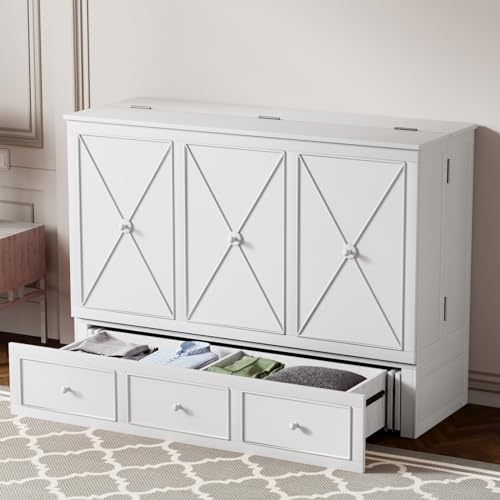 Grey Queen Murphy Bed with Foldable Mattress and Storage Drawer U6017