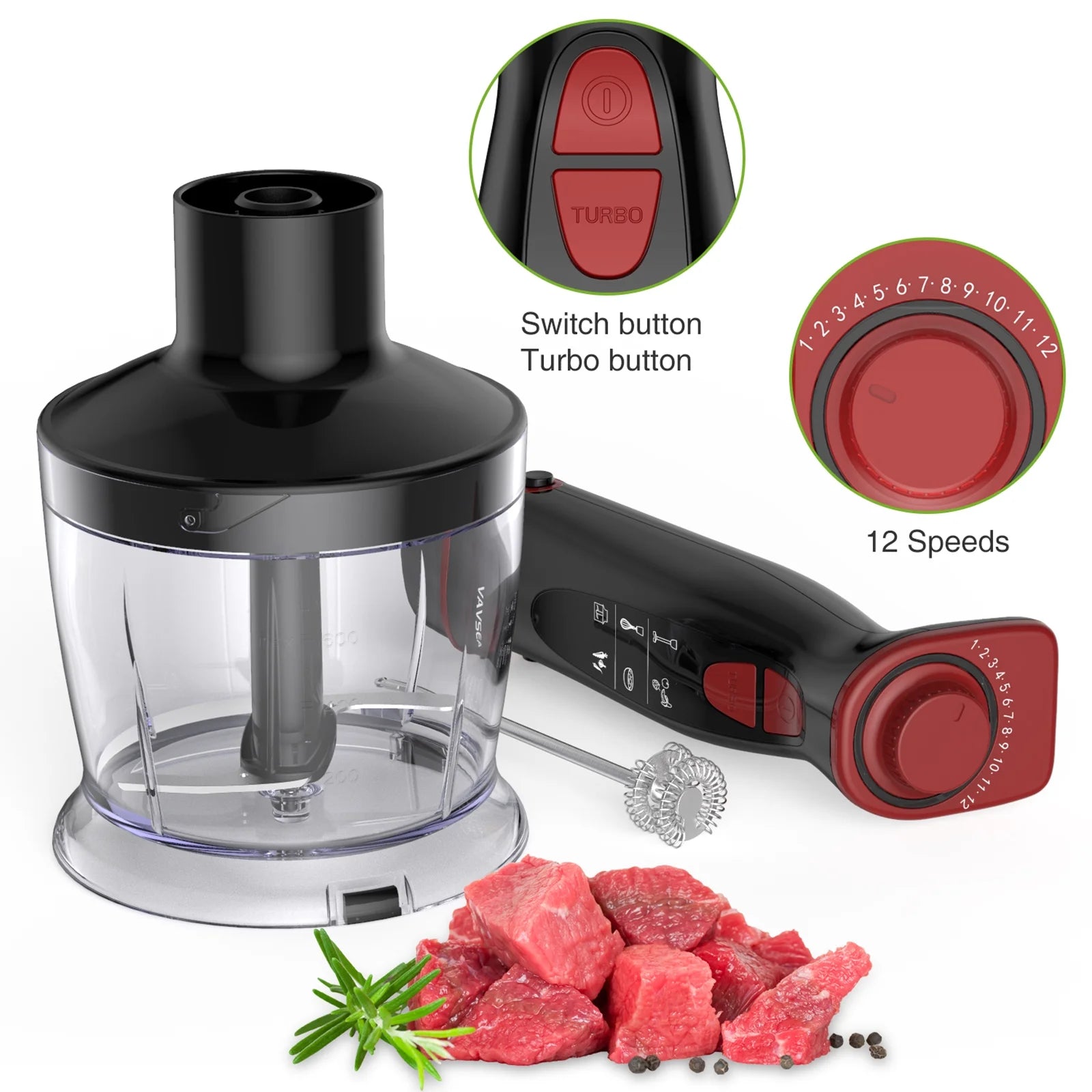 12-Speed Stainless Steel Hand Blender with Chopper, Beaker, 600ml, Whisk and Milk Frother V496